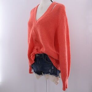 NINE WEST Orange V‎ Neck Cable Knit Sweater Open Shoulder Cutout XL